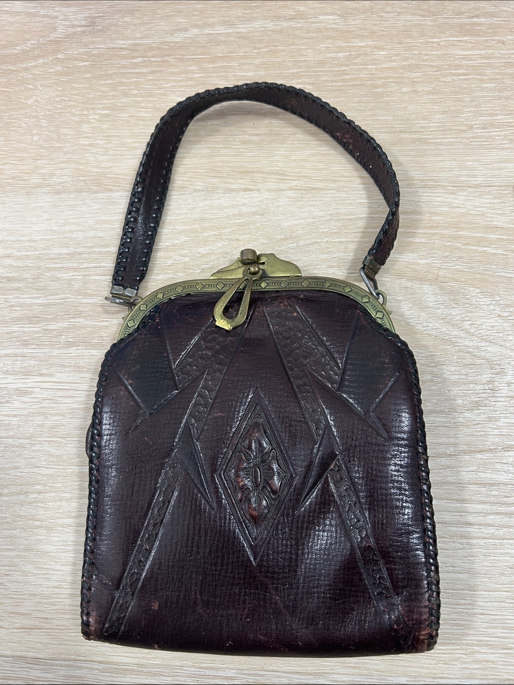 Antique Vintage Dark Brown Leather Wristlet Clutch with Brass Frame